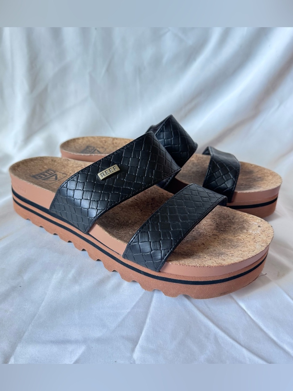 REEF Cushion Vista Hi Womens Platform Sandals Black Woven Straps Size 8 EU 38.5
